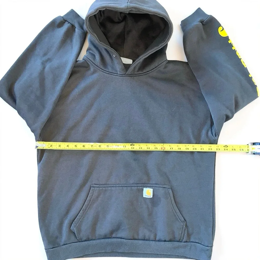 Carhartt WIP Mens L Gray Pullover Hoodie Yellow Sleeve Logo Workwear Hoodie